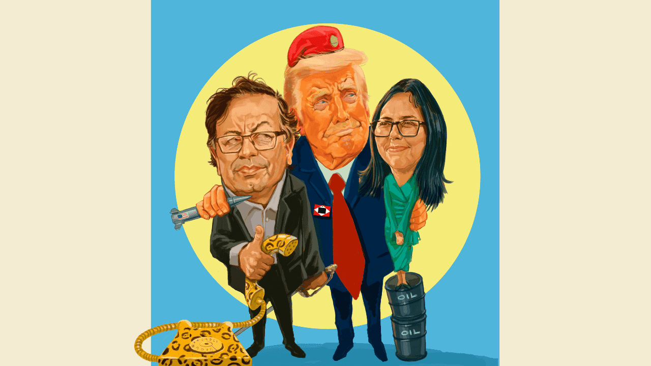 Ilustración de Donald Trump, Gustavo Petro y Delcy Rodríguez Ilustración de Donald Trump, Gustavo Petro y Delcy Rodríguez
